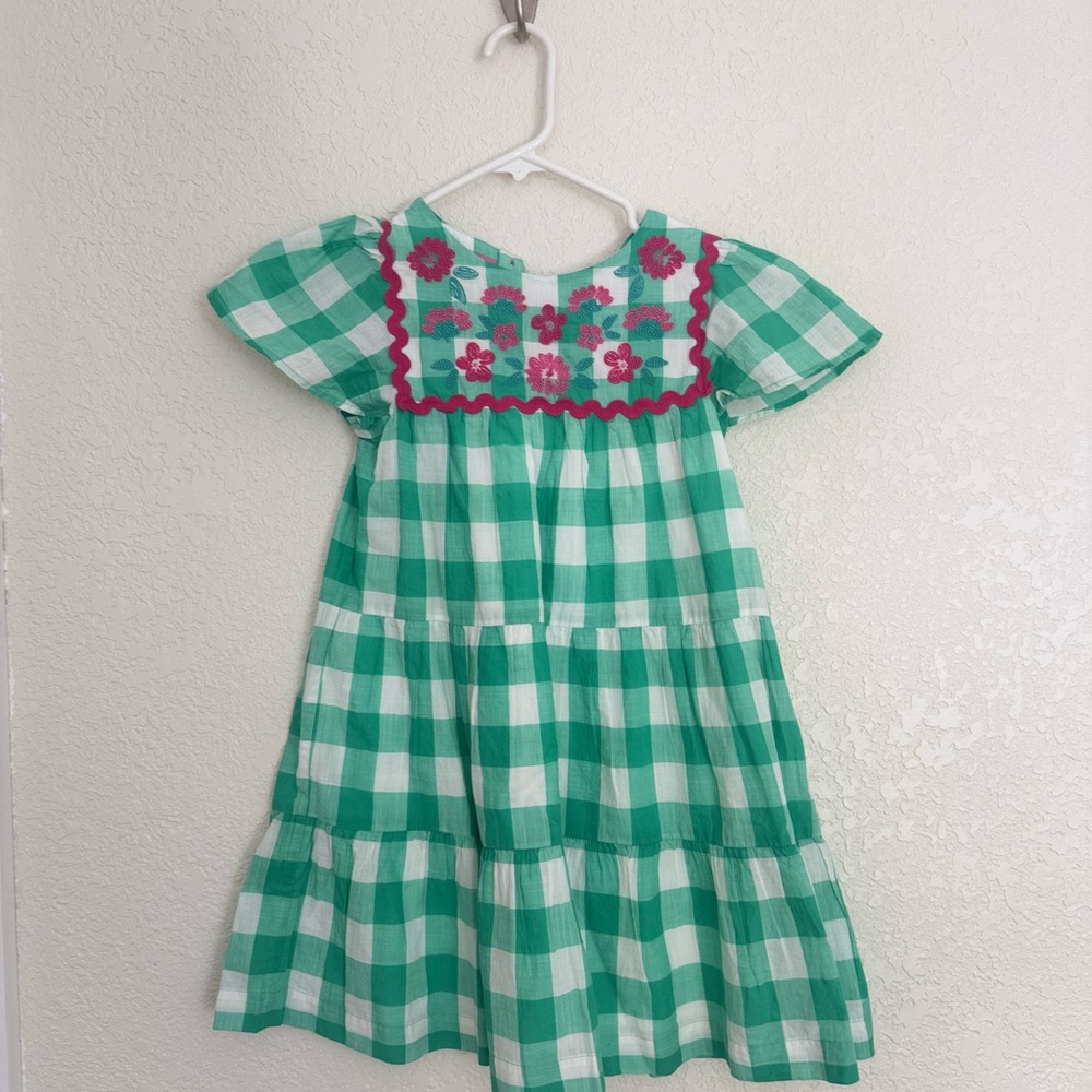 Mini Boden Green Checkered Kids Dress with Floral Embroidery